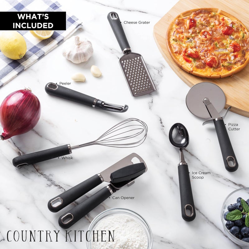 Country Kitchen 6 Pc Essentials Kitchen Stainless Steel Gadget Set Black Gun Metal with Soft Touch Black Handles for Cooking - Image 2
